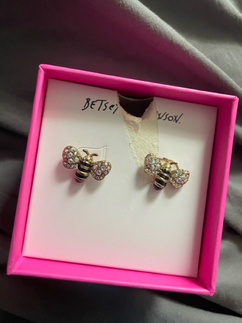 Betsey Johnson Gold Bee Crystal Stud Earrings with Black Stripes